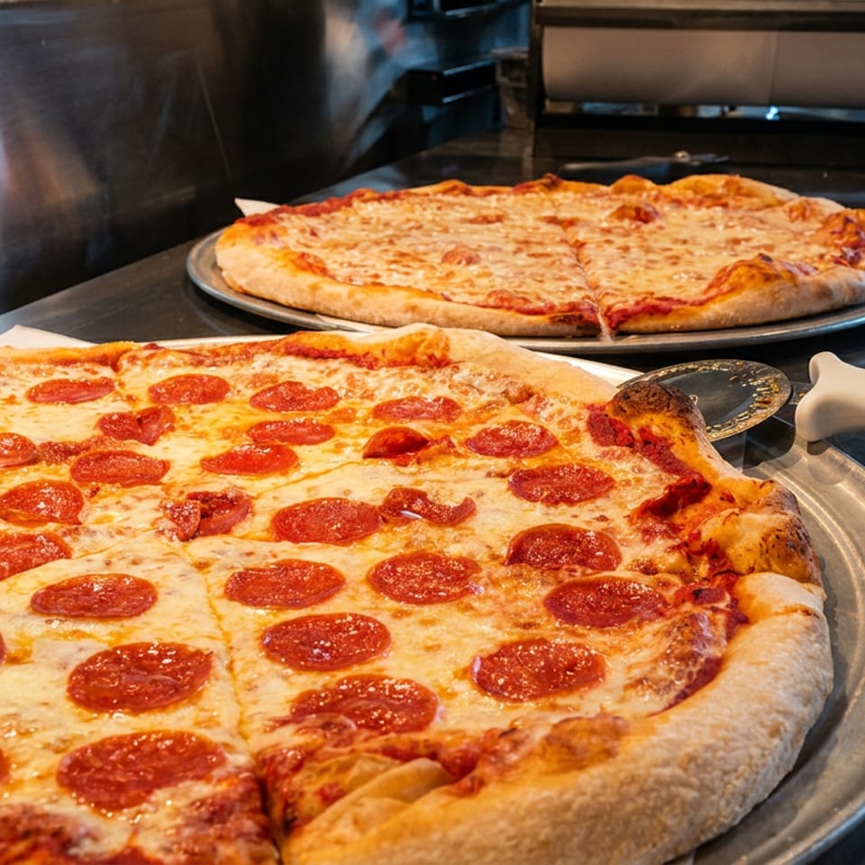 Two large cheese pizzas, including a pepperoni pizza, rest on metal trays beside a pizza cutter in a restaurant kitchen.